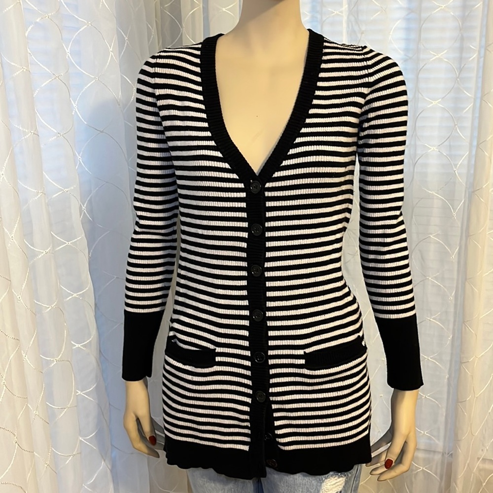 Black and white striped knit cardigan